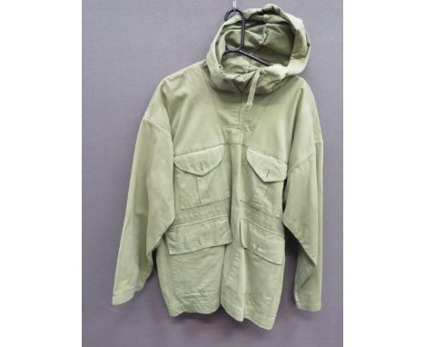 WW2 British Green Windproof Oversmock green, heavy cotton, pull over oversmock. Pull up hood with cord tightening. Pleated ch