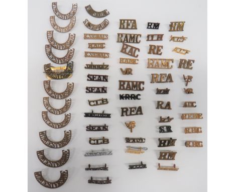 Good Selection of Brass Shoulder Titles including Worcestershire ... S Stafford ... R Inniskilling (no lugs) ... CLB ... RM .
