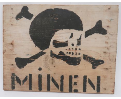 German Third Reich Minen Wooden Sign 20 x 15 inch, white painted, wooden sign. The front with black stencilled skull and cros