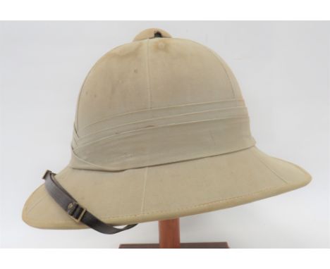 WW2 Issue Military Pith Helmet light khaki tan, six panel crown. Pointed front brim and rounded rear brim. Khaki cotton, trip