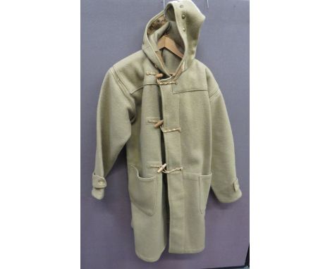 WW2 Royal Navy Duffle Coat light fawn, woollen, single breasted coat with pull up hood. The front secured by cord and wooden 