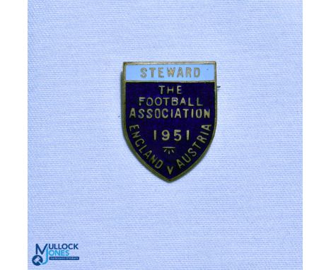 1951 The Football Association Steward FA Enamel Badge, International Match Friendly England v Austria (2-2) pin backed 