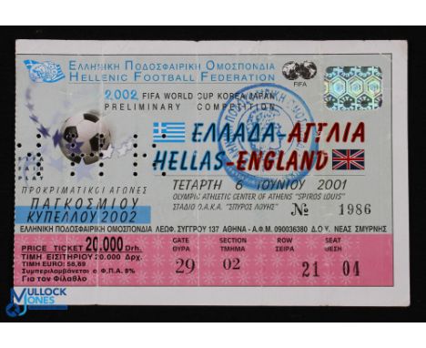 Ticket: 2002 World Cup qualifier Greece v England at the Olympic Stadium Athens, 6 June 2001, ticket; crease. (1)