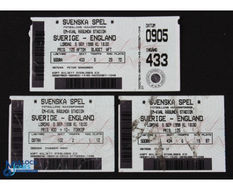 Ticket: Euro 2000 Group 5 qualifier Sweden v England 5 September 1998 full match ticket + 2 spares; fair. (3)