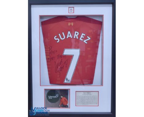 Luis Suarez signed Liverpool FC home replica football shirt in red, signed to the reverse 'To Mark Many Thanks Luis Saurez. S