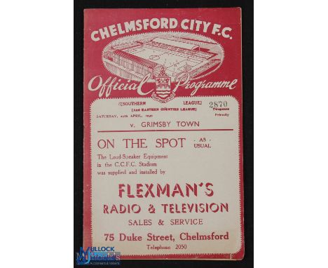 Scarce pre-war 1938/1939 Chelmsford City v Grimsby Town friendly match programme 29 April 1939; good condition, has single sh