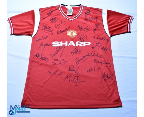 Manchester United FC Scoredraw home football shirt - multi signed by 27 including Teddy Sheringham, Dennis Law, etc. Size L, 