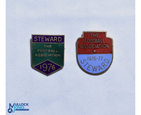 1976 + 1976-77 The Football Association Steward FA Enamel Badges, both pin backed (2)