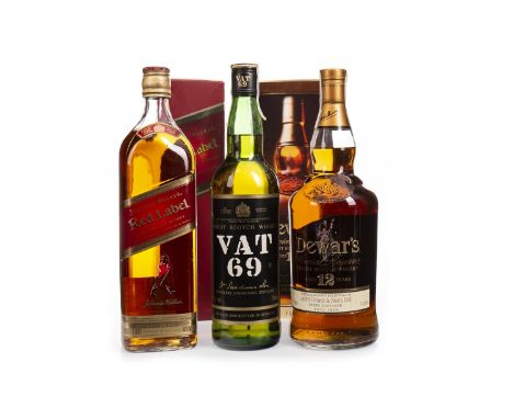 DEWAR'S AGED 12 YEARS - ONE LITRE Blended Scotch Whisky One litre, 43% volume, in carton. JOHNNIE WALKER RED LABEL - ONE LITR