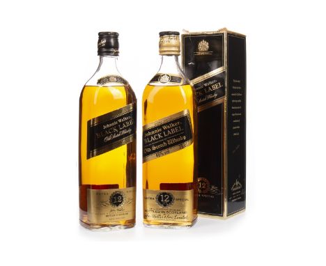 JOHNNIE WALKER BLACK LABEL AGED 12 YEARS (2) Blended Scotch Whisky 1x70cl, 1x75cl, both 40% volume, one in carton. Two bottle