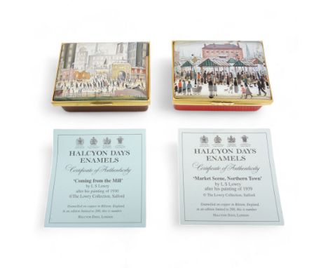 Two Halcyon Days limited edition enamel boxes after L S Lowry, comprising 'Market Scene, Northern Town', no. 108/200 and 'Com