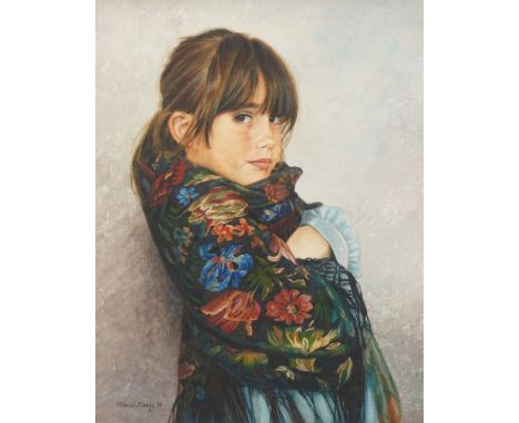 John A Blakey (British 1952-): Half-Length Portrait of a Girl Wearing a Floral Shawl, watercolour signed and dated '90, 49cm 