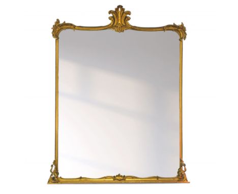 Large Victorian gilt wood overmantle mirror, shaped cresting rail with curled acanthus leaf pediment, the corners decorated w