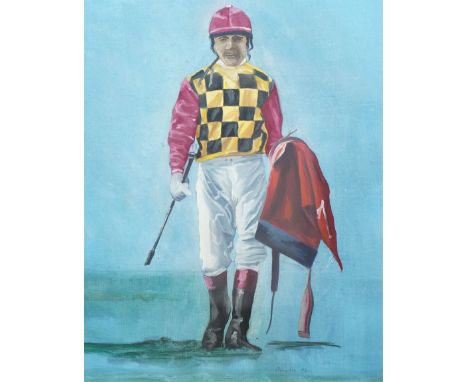 Minton (British Contemporary): Portrait of a Jockey in Guy Reed's Colours - Probably Jimmy Bleasdale, oil and gouache on boar
