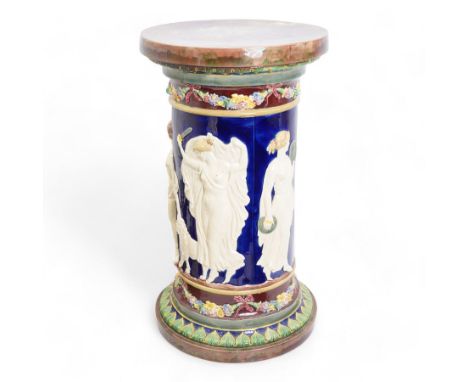 Late Victorian Copeland Majolica pedestal, circa 1850 - 1870, the cylindrical column moulded in relief with a frieze of Class