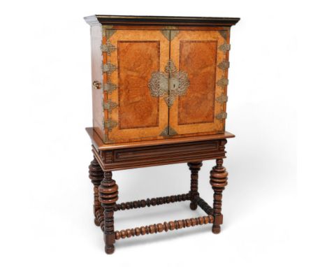 19th century gilt metal mounted amboyna and rosewood collector's cabinet on stand, the cabinet with projecting ebonised corni