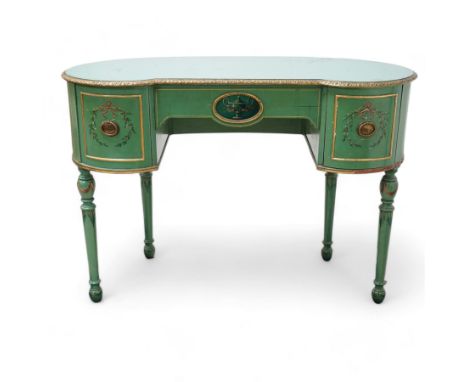 Edwardian Adam Revival green-painted and parcel gilt kneehole desk or dressing table, kidney shaped form with foliate carved 