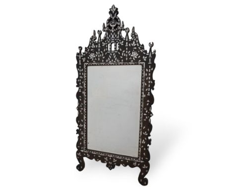 Early 20th century inlaid hardwood Damascus easel mirror, shaped and pierced pediment, inlaid with mother of pearl and carved