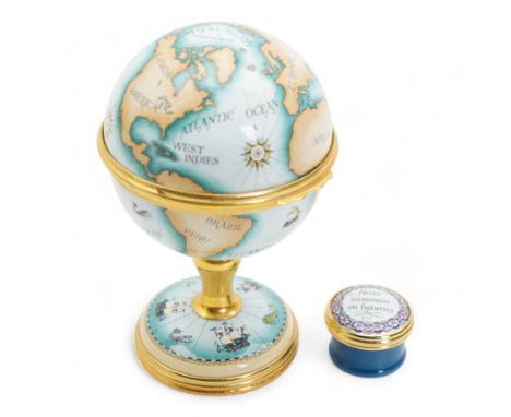 Halcyon Days enamel clock in the form of a terrestrial globe, H10cm, together with a small Halcyon Days enamel pill box 'Neve