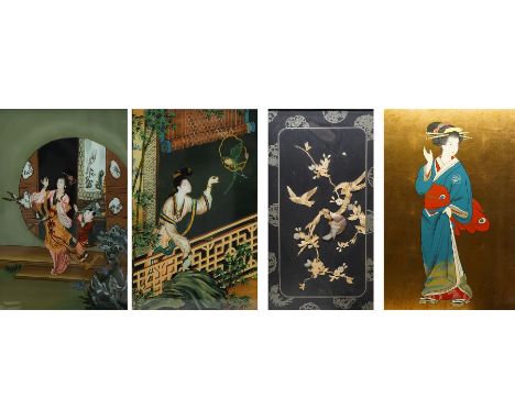Chinese School (20th century): Geishas Feeding Birds from Window, pair reverse paintings on glass unsigned 47cm x 30cm; toget
