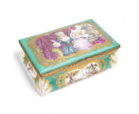 19th century porcelain and gilt brass mounted casket, of waisted rectangular form, the hinged cover painted with Georgiana, D