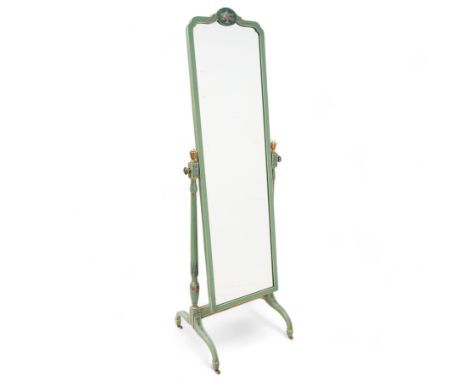 Edwardian Adam Revival green-painted and parcel gilt cheval mirror, shaped pediment painted with urn and flower head festoons