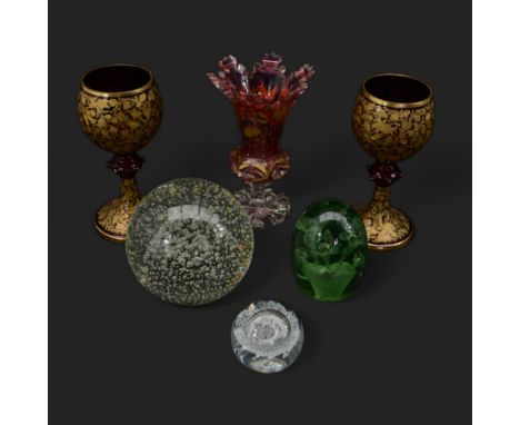 Pair of Moser style ruby and gilt glass goblets, H22cm, Bohemian cranberry and clear glass vase, with hexagonal faceted stem,