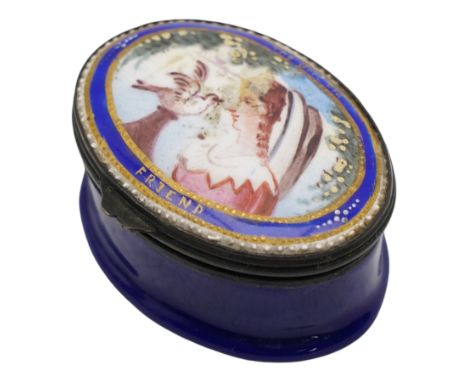 George III South Staffordshire enamel oval patch box, the slightly domed hinged cover painted with an oval portrait of a youn