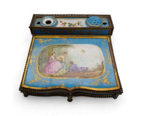 19th century French Sevres style porcelain and gilt brass table top writing box, the fall front painted with three figures in