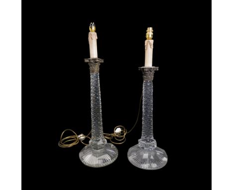 Near pair of large 19th century cut glass table lamps, each of columnar form with diamond cut tapering stem and silver plated