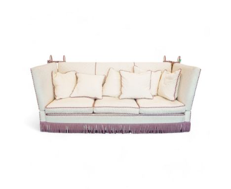 Grande Knole four-seat sofa, upholstered in geometric lozenge pattern cream fabric with burgundy and cream twist piping and f