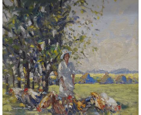 William Norman Gaunt (British 1918-2001): A Woman in a White Hat Tending the Chickens, oil on board signed 50cm x 60cm