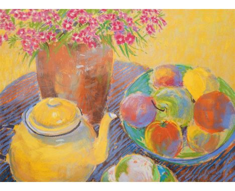 David Allen (British 1945-): Still Life of a Teapot and Apples on a Table, pastel signed 34cm x 46cm