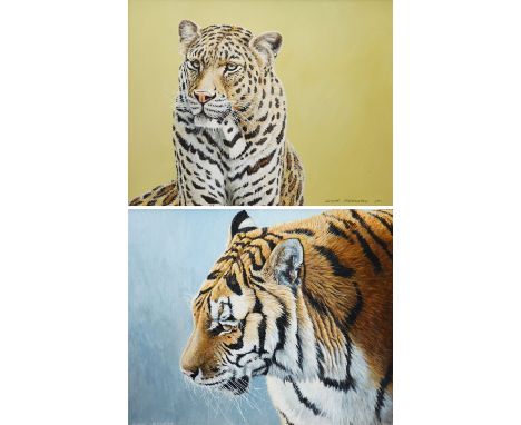 Richard Whittlestone (British 1963-): 'Siberian Tiger Portrait' and Portrait of a Leopard, pair of acrylic on board signed an