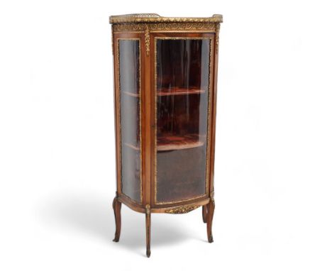 Late 19th to early 20th century French Kingwood and gilt metal mounted vitrine display cabinet, red variegated marble top wit