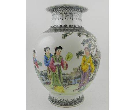 A Chinese baluster vase in the Republic style, decorated with courtly female figures amongst a stylised garden landscape, bea