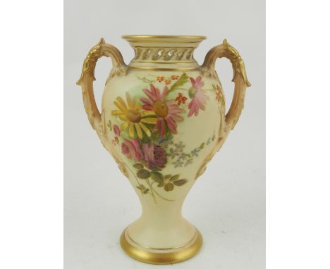 A Worcester blush ivory twin handled vase, painted with flowers and gilt, bears factory mark to base, H.15cm 