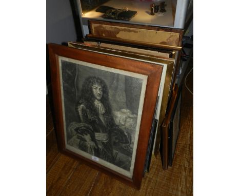 An 18th century monochrome steel engraving, a half length portrait of Louis XIV, H.48cm W.38cm, together with a collection of