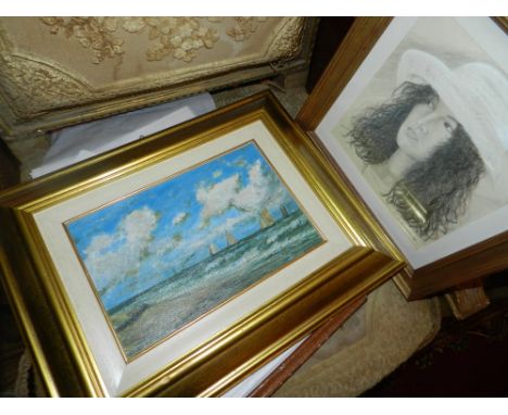 Four various pictures including a water colour of a Venetian bridge, a head and shoulder portrait of a young women and two oi