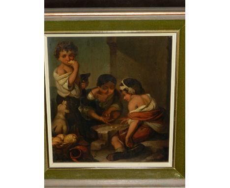 After Bartolome Esteban Murillo, 'Beggar Boys Playing Dice', oil on board, signed lower right. H.23cm W.20cm 