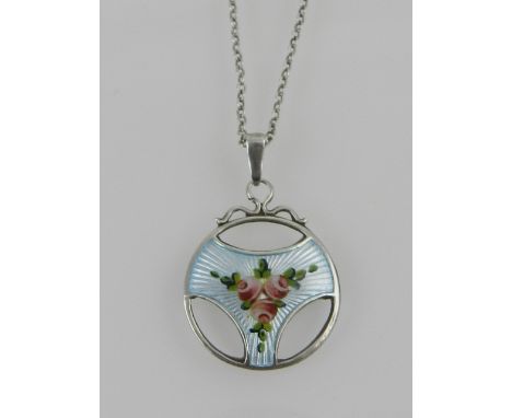 Charles Horner. A white metal and enamel set pendant of trefoil form, bears makers mark to verso, on a white metal chain.