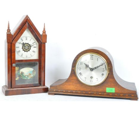 A pair of vintage 20th Century mahogany mantel clocks. One American steeple clock, Waterbury clock co, retailed by Knight of 