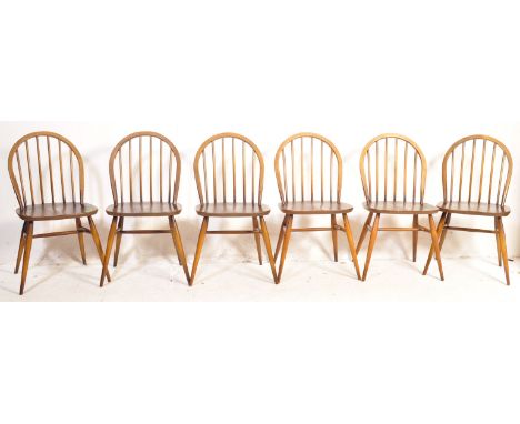 Ercol - Lucien Ercolani - Six retro vintage 20th century circa 1970s beech &amp; elm "Windsor" dining chairs having a tapered