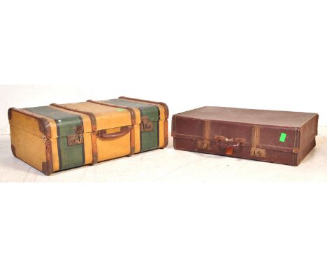 Two retro vintage 20th century leather &amp; canvas travel suitcases trunks. The lot to include a large yellow &amp; green ca