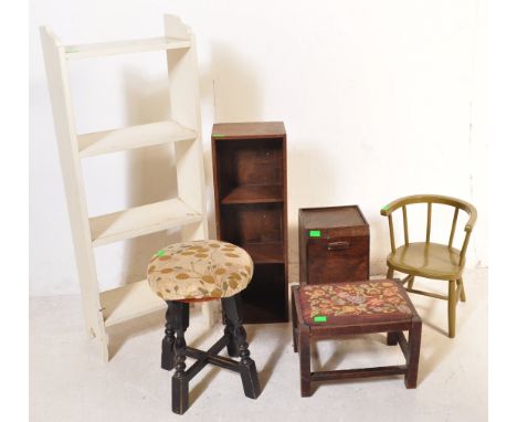 A collection of early 20th century and later furniture items to include an Arts and Crafts footstool with tapestry upholstere