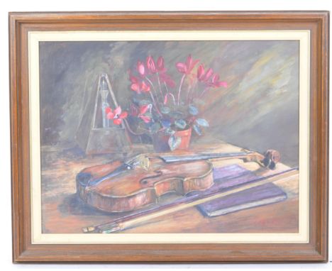 A vintage 20th Century oil on board still life painting of a violin, with a vase of flower and a metronome. Signed by artist 