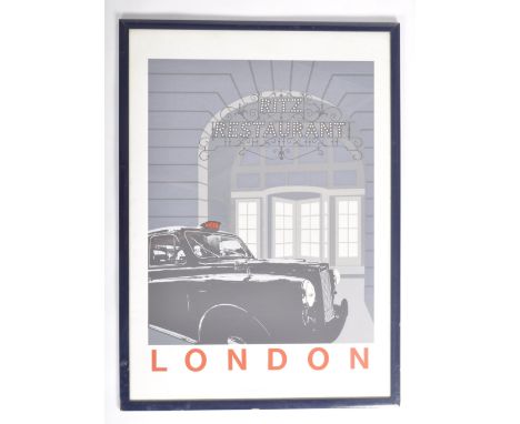 A vintage 20th Century London advertising poster print featuring the iconic black taxi cab parked out front of the Ritz Resta