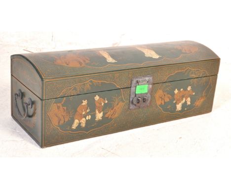 A large vintage 20th century Chinese Oriental scroll box of cylindrical form having carry handles to the side, single hinged 