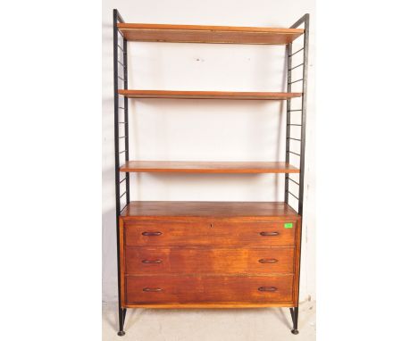 A retro vintage late 20th century Ladderax modular teak shelving unit having an ebonised metal frame and and arrangement of t