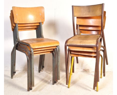 A set of eight mid century industrial cafe dining chairs having bentwood panel backrests and seats with tubular metal frames.